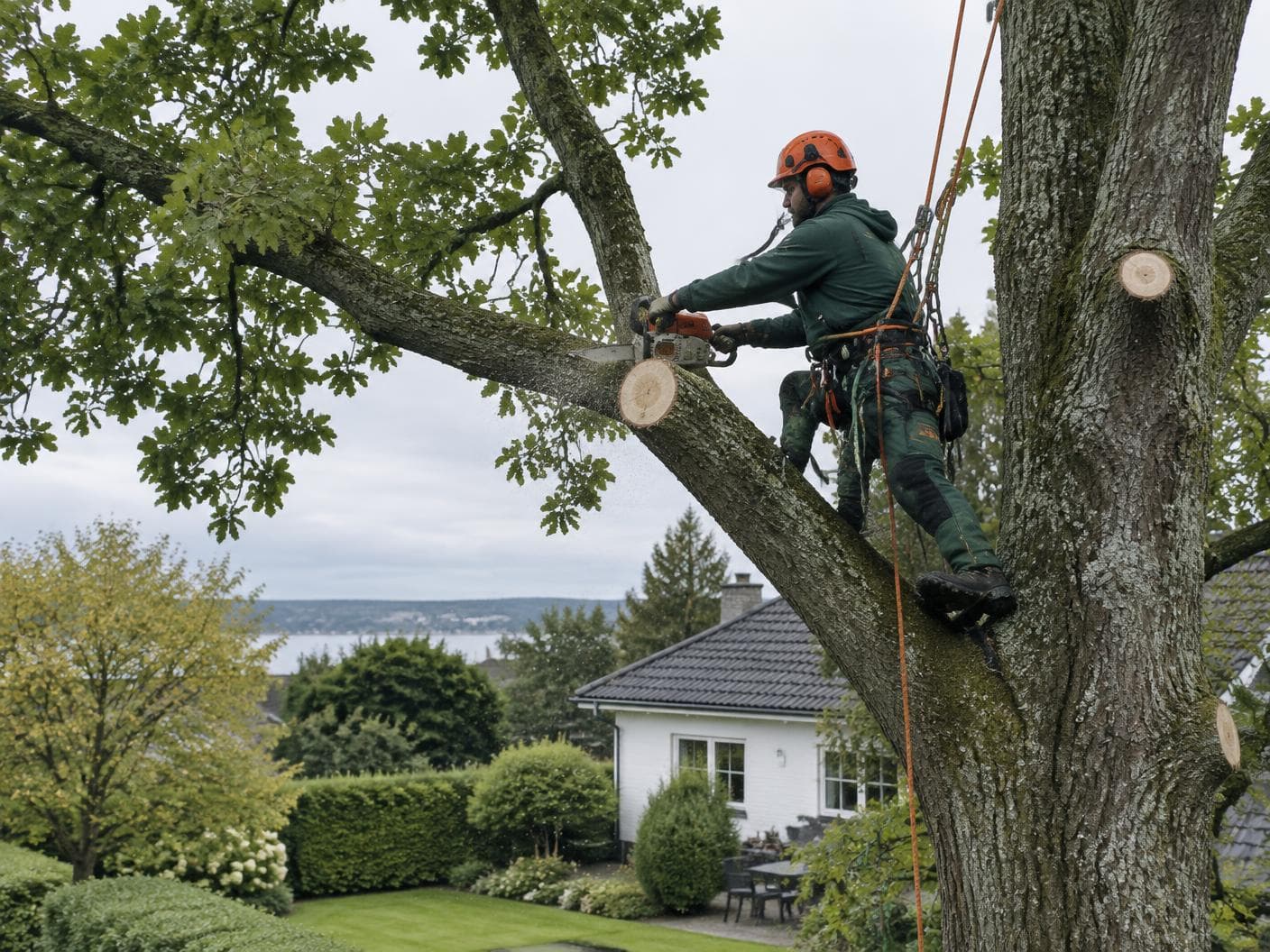 Arborist udfører kontrolleret træfældning med reb og sikkerhedsudstyr