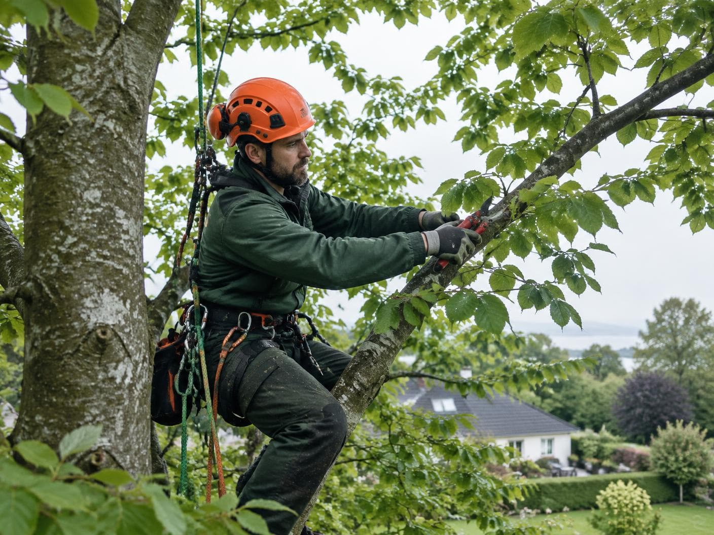 Arborist beskærer et løvtræ fra kronen